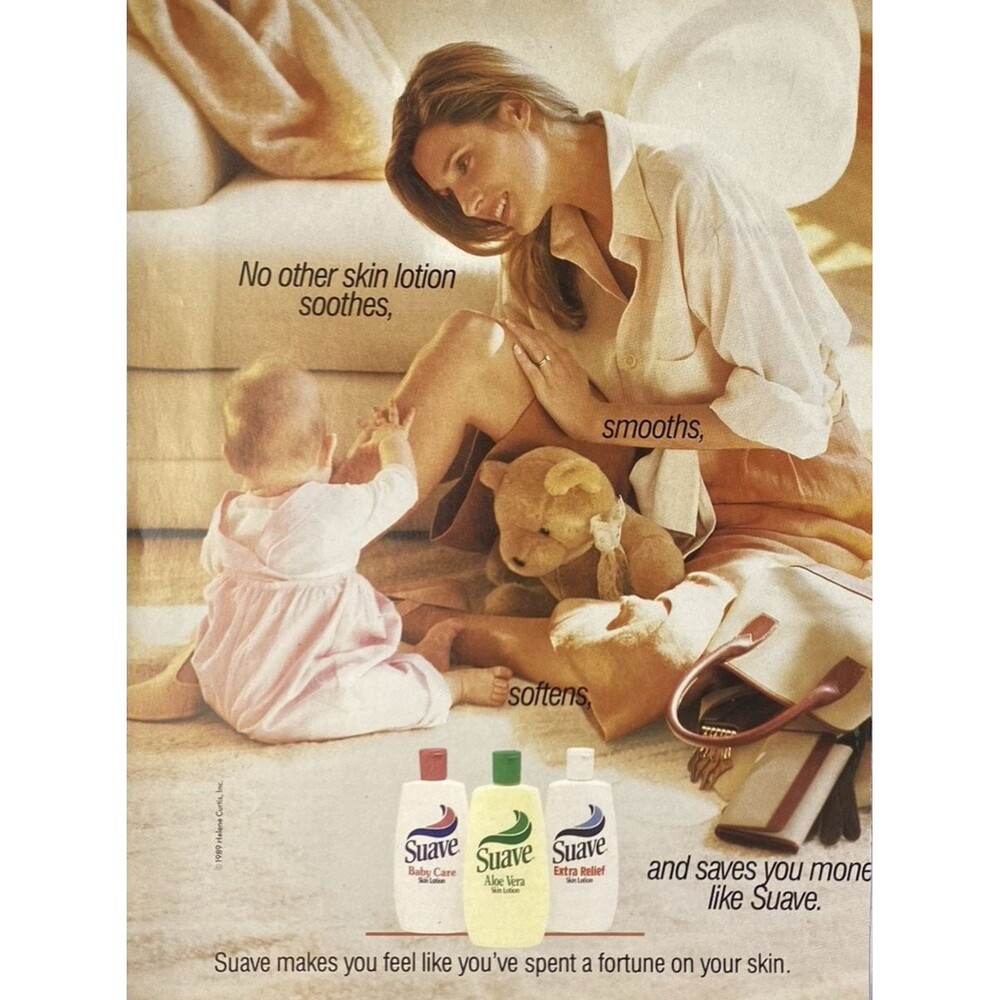 Suave Skin Lotions "Soothes Smooths Softens" Baby & Mother Vintage Print Ad 1989